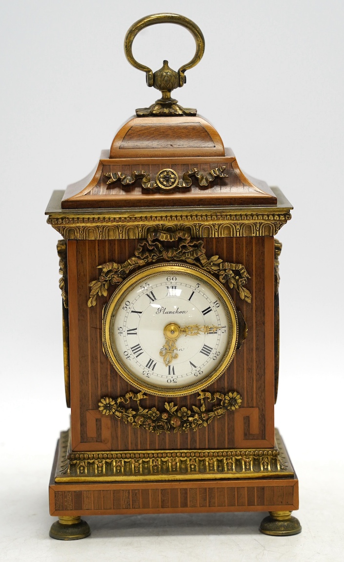 A 19th century French ormolu mounted, mahogany and box wood inlaid timepiece, by Planchon of Paris, with Wedgwood style plaques inlaid to sides, key included, 23cm. Condition - fair to good, not tested as working